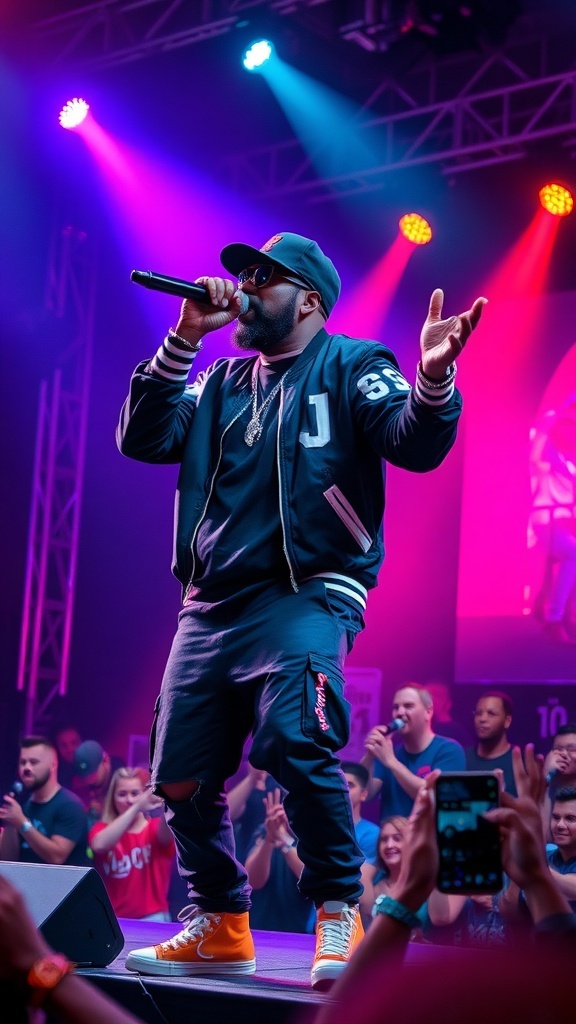 Juicy J performing live, surrounded by colorful stage lights and an enthusiastic crowd.